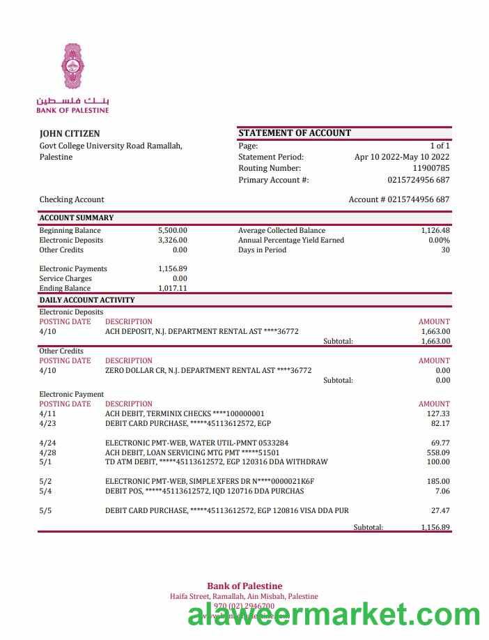 Palestine Bank of Palestine bank statement xls